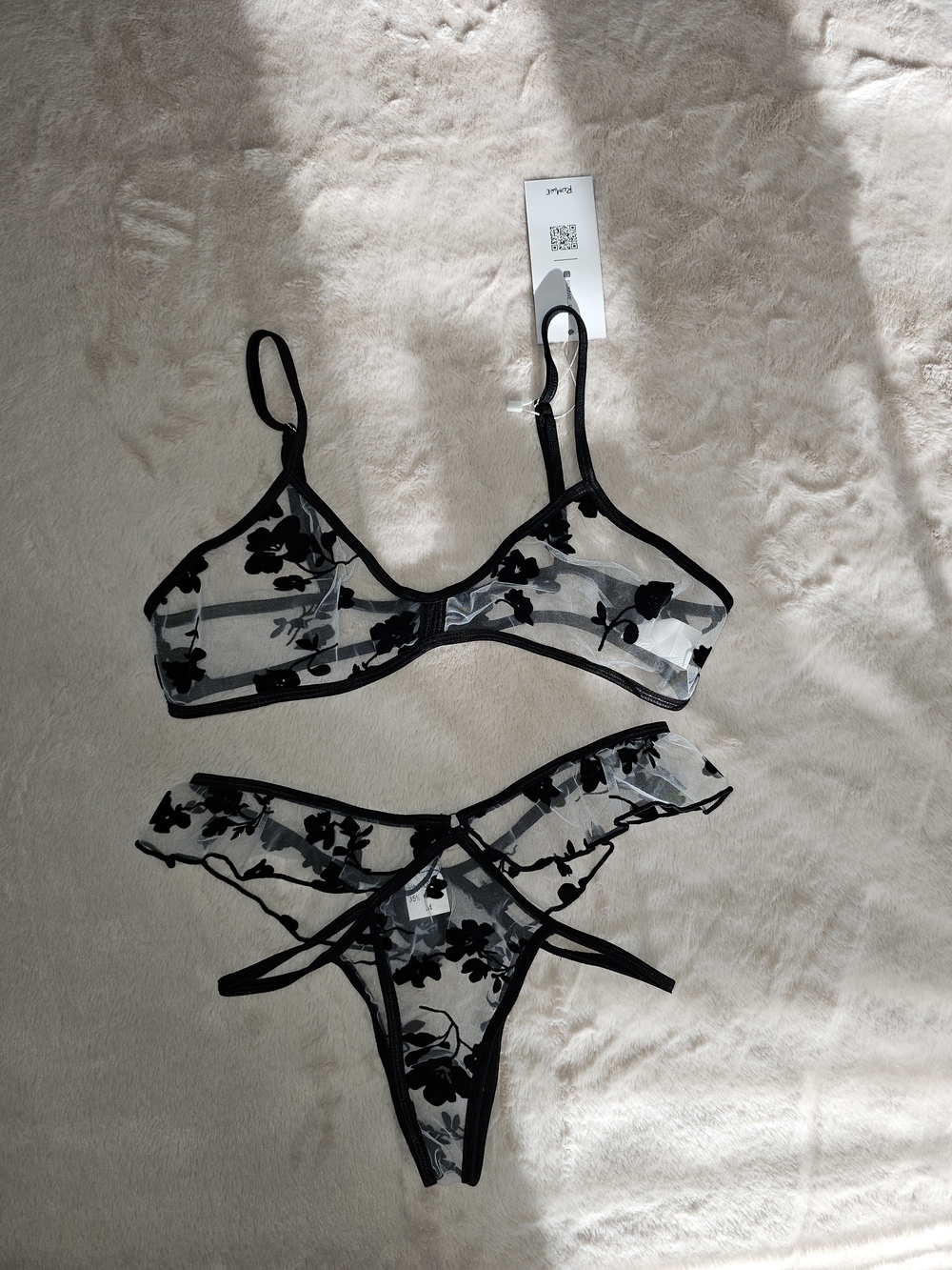 Sheer Black Floral Mesh Bra & Ruffle Thong Set
